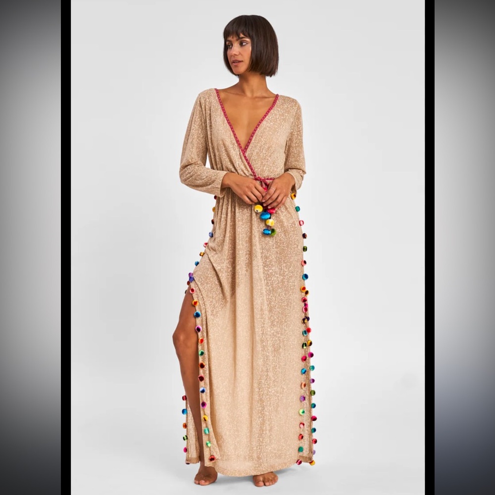 Pitusa Santorini Tan Maxi Dress with Pom Pom Trim petite size